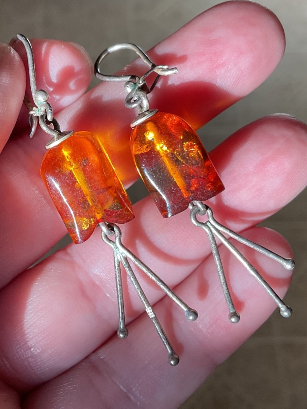 Vintage Silver 925 Baltic Amber Floral design Hand Made Earrings